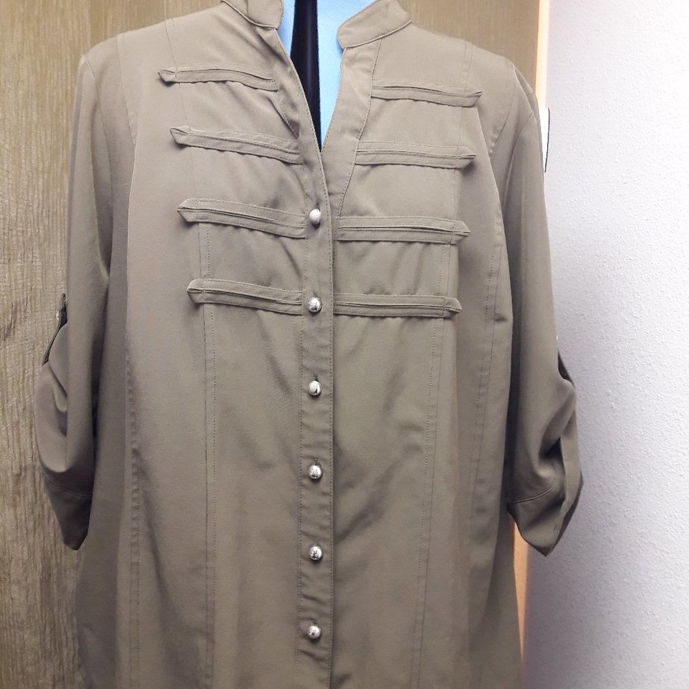 Military Style Mandarin Collar Blouse Olive Green 3/4 Sleeve